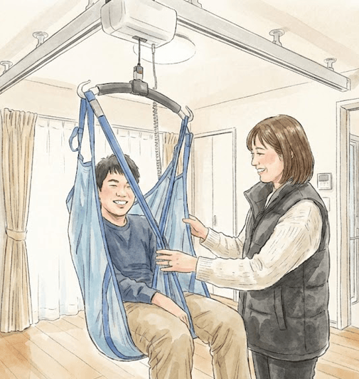 天井走行リフトはメインの居室とお風呂をつないでいます。