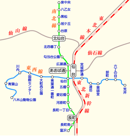 仙台駅を中心とした鉄道路線図