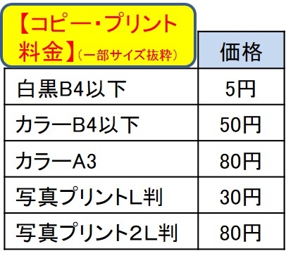 【コピー・プリント料金】（１面当たり価格、一部サイズ抜粋）