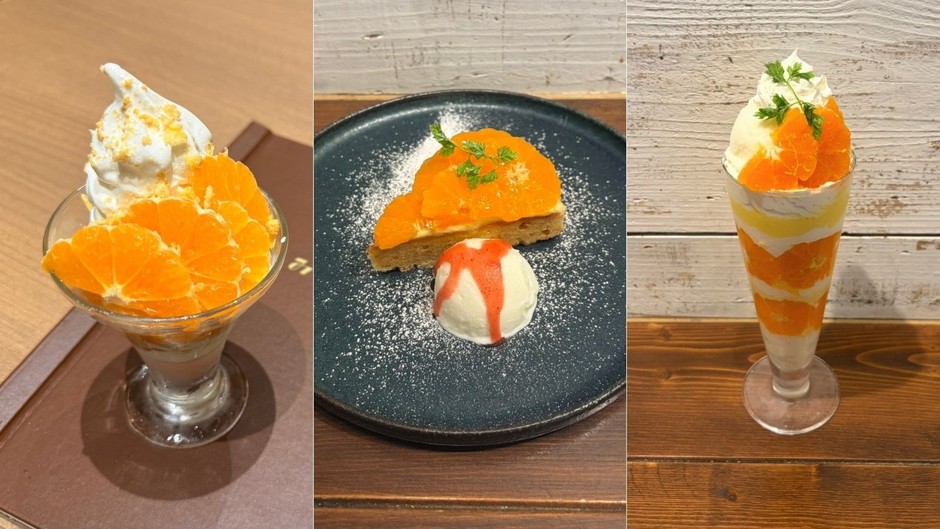 （左から）北原早生みかんのヨーグルトサンデー 650円 （みのる食堂金沢フォーラス店）／北原早生タルト～ミルクアイス添え～ 1,190円・北原早生のミルクアイスパフェ 1,690円