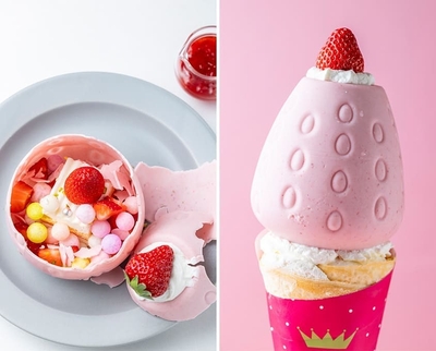 いちごのBIG花火クレープ　 1,850円(税込) 大きないちごの中にはショートケーキと 花火みたいなライスクリスプ等がたっぷり！