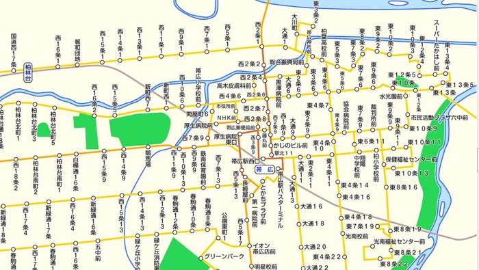 十勝バスの路線図 ※PC用ソフトウェア「駅すぱあと」の表示イメージ（一部抜粋）