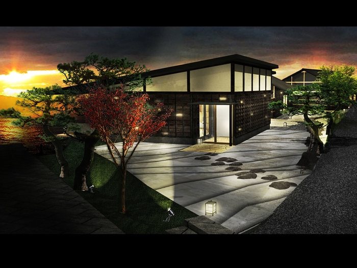 11/1オープン!夕日や漁火、海の情景楽しむオーシャンビュー新設ロビー棟と離れ客室棟を望む