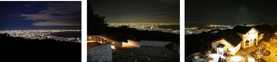 【左から】見晴らしのデッキからの夜景、見晴らしのテラスからの夜景、見晴らしの塔からの夜景