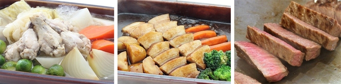 左<1月>ひろしまハーブ鶏と根菜のポトフ 中央<2月>神石高原ポークのシチュー 右<1・2月>人気の国産牛ステーキ