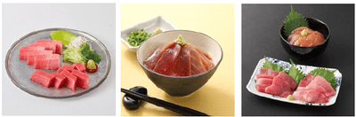 左から、近大マグロセット、近大マグロ漬け丼セット、近大マグロ＆漬け丼セット