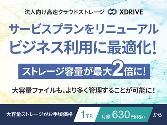 法人向け高速クラウドストレージ『エックスドライブ』、 サービスプランをリニューアル ～料金据え置きで容量が2倍。 大容量1TBが月額630円から利用可能に～