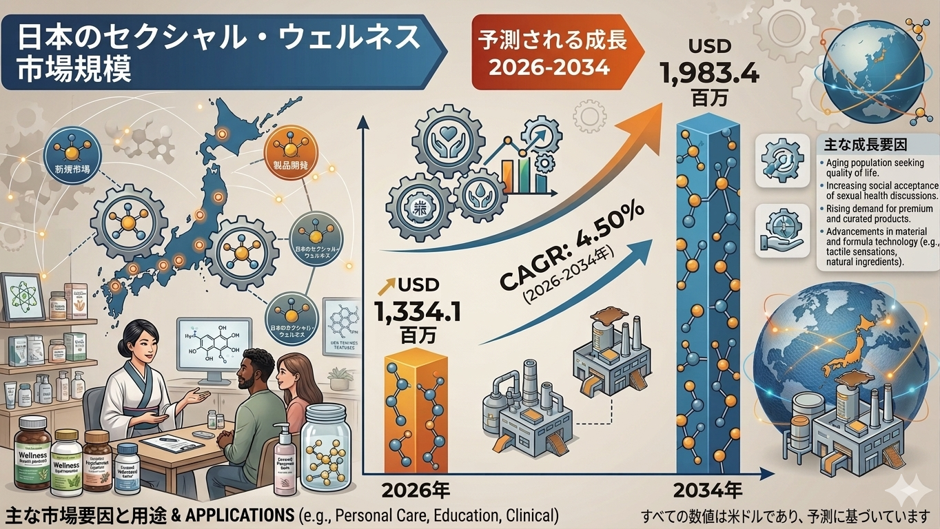 日本のセクシャルウェルネス市場は、高齢化とデジタル化の進展を背景に、2034年までに19億8,340万米ドル規模へ拡大見込み