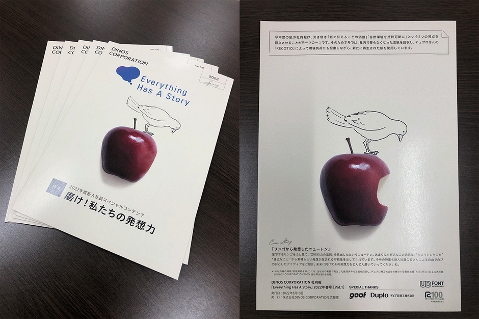 DINOS CORPORATION社内報「Everything Has A Story」。中面頁にデュプロ精工製小型製紙機「RECOTiO」で再生した(DINOS CORPORATION R100%自社再生紙)を使用。