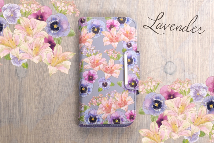 iPSE3花柄レザーフリップケース_ラベンダー_日比谷花壇