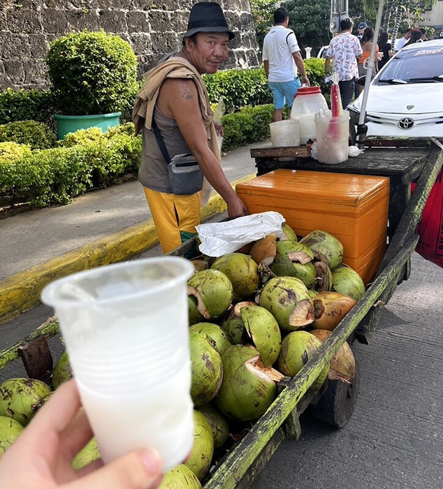 セブの路上で売られていたココナッツウォーター。甘さ控えめで、さっぱりとしていました