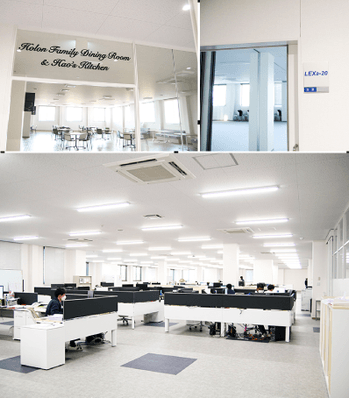 4階は食堂と会議室。食堂には、張氏が自慢の料理を振る舞えるようキッチンも併設(左上)。会議室はそれぞれホロンの主力製品の名前がつけられている(右上)。3階は広々としたオフィス。更衣室とつながったパウダールーム仕様の女子トイレもこだわりのひとつ