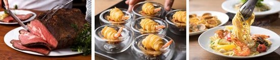 【左から】ローストビーフ 、 海老ポテトナッツ添え(ディナー限定)、本日のパスタ