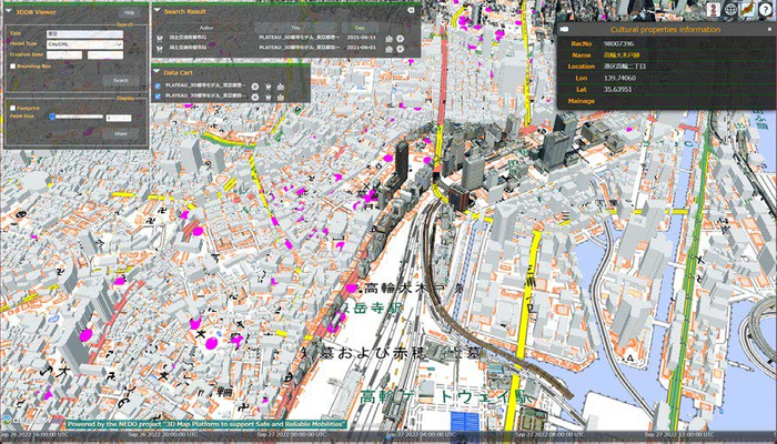 東京（高輪築堤）周辺図 ビルと文化財位置データの表示（プロジェクト PLATEAU のデータを利用）