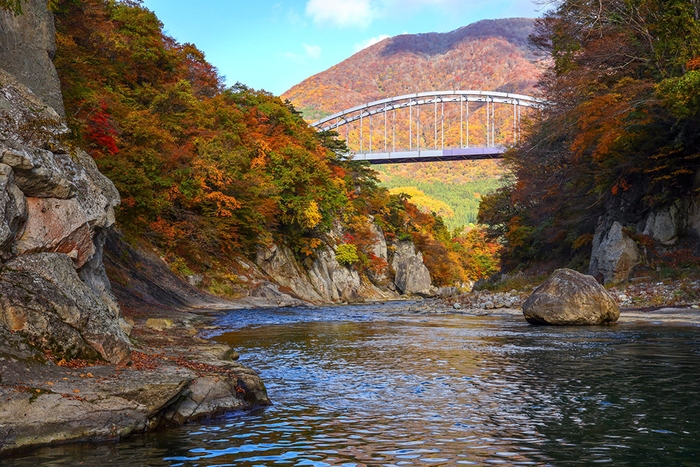 紅葉した木々に覆われる大川渓谷