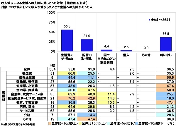 収入減少による生活への支障に対しとった対策（1）