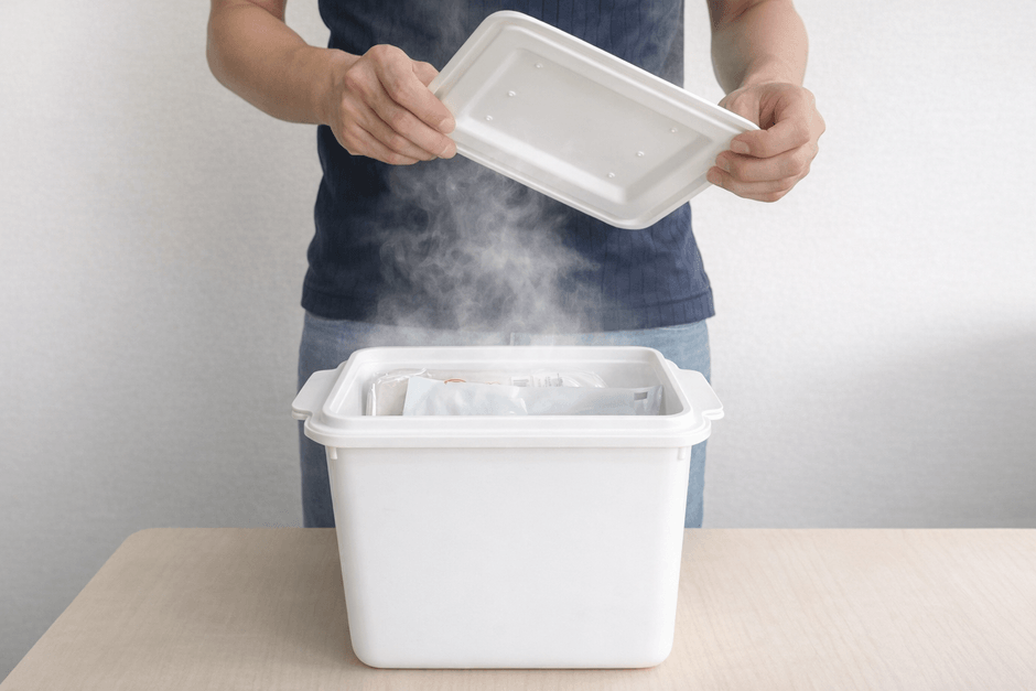 HOTPLUS あったかフードボックス 使用時の蒸気加温の様子