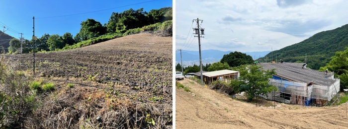 害獣対策で電柵にて防除対策した圃場(左)と、生産から加工までを学べる学校(建設中)