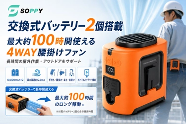 長時間の屋外作業で困る「充電待ち」を解消へ。【最大約100時間使用】SOPPY、交換式バッテリー2個搭載の4WAY腰掛けファンを提案