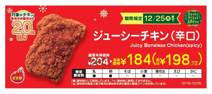 ジューシーチキン（辛口）本体価格より２０円引き販促物（画像はイメージです。）