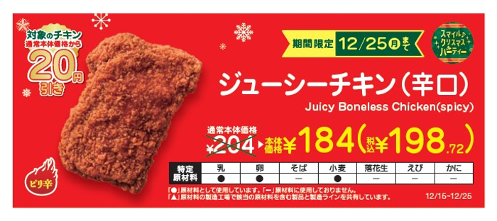 ジューシーチキン（辛口）本体価格より２０円引き販促物（画像はイメージです。）