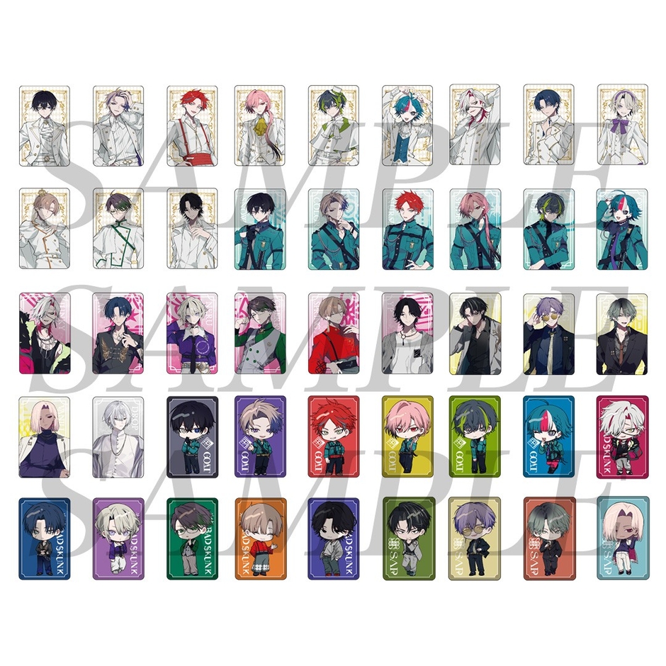 トレーディングビジュアルカード2枚セット イベント価格:¥500(税込) 種類:全45種 サイズ:86mm×54mm程度 仕様:2枚入り ランダムでホログラム加工入り ※絵柄はお選びいただけません