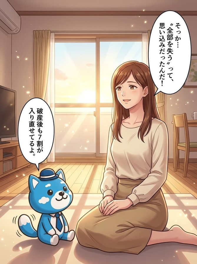 明るい部屋で女性が「全部失うは思い込みだった」と笑顔になり、あおちゃんが「破産後も7割が保険に入り直せている」と伝える漫画