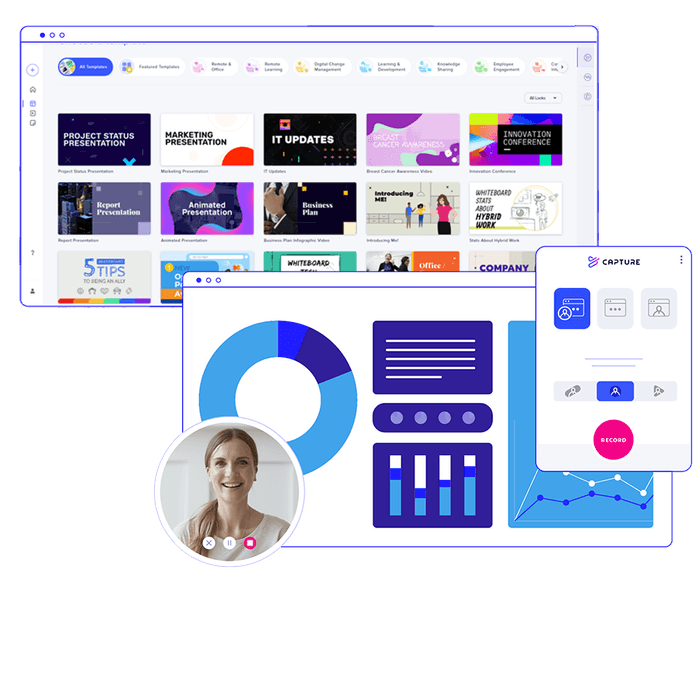 豊富なテンプレートや録画・録音など、好みの方法で動画を作成