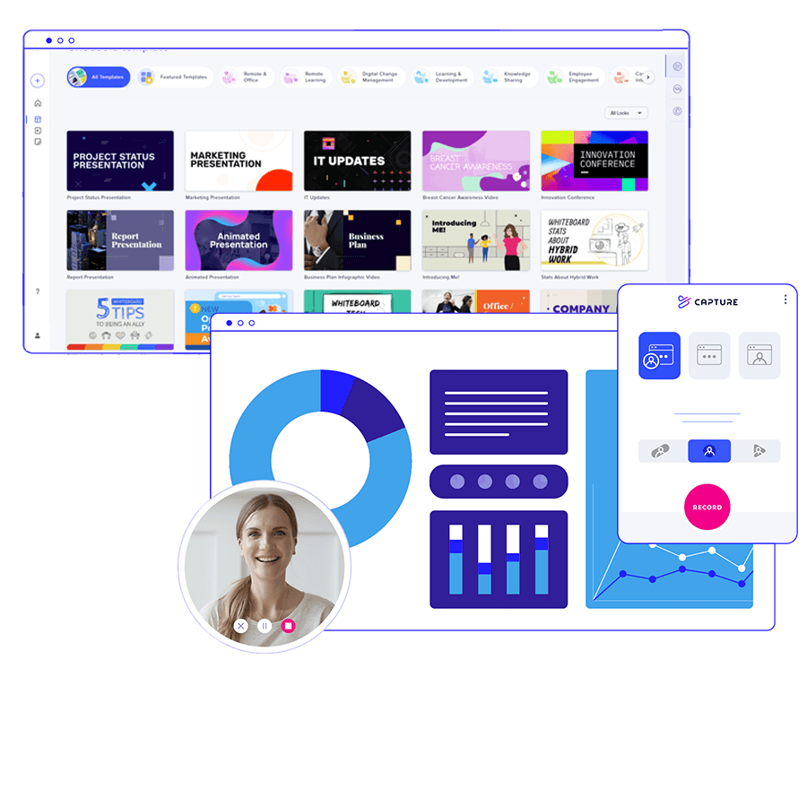 豊富なテンプレートや録画・録音など、好みの方法で動画を作成