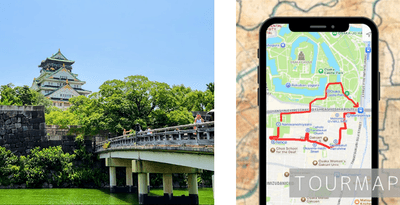 大阪城天守閣（左）、インスタ投稿用のツアーMAPイメージ（地図引用元：Google社「Google マップ」）（右）