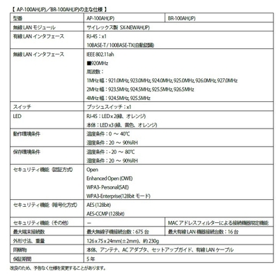 AP-100AH(JP)／BR-100AH(JP)の主な仕様