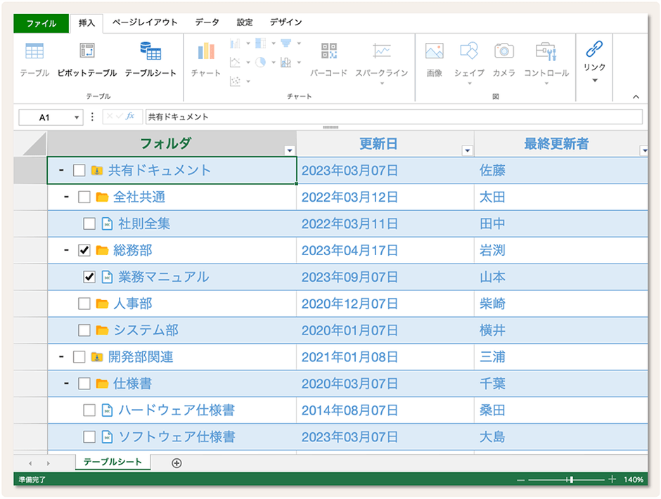 【テーブルシート】階層データの表示