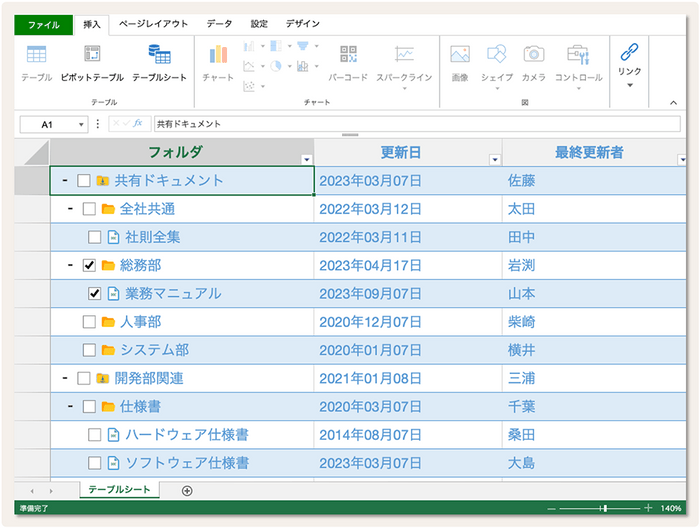 【テーブルシート】階層データの表示