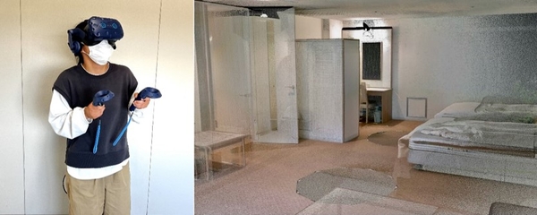 VRを使用している様子（左）、VR上のホテルの様子（右）