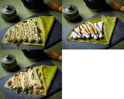 (写真左上から:黒糖きな粉 抹茶ホイップ、バナナチョコ ホイップ、左下:2種のクリーム入りスペシャルクレープ)