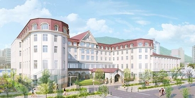 新ホテルの外観イメージ（花のみち側(北側)から望む） ※現時点の計画に基づく完成予想図であり、変更となる可能性があります。