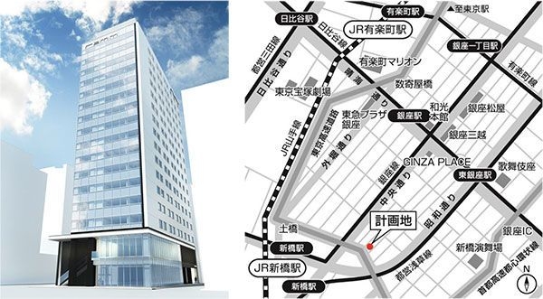（左）建物外観　（右）位置図