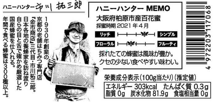 ハニーハンター厳選　国産春採れ新蜜110ｇ（大阪府柏原市産百花蜜）ハニーハンターMEMO