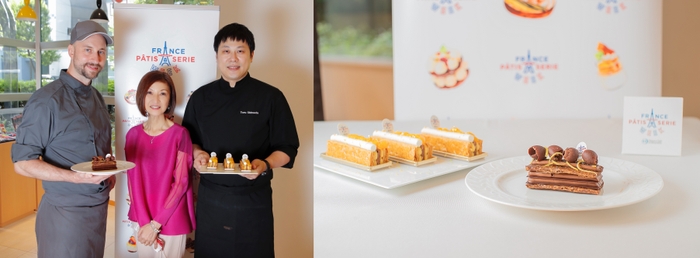 写真左:6月13日に開催されたメディア発表会にて。左は「ル・ショコラ・アラン・デュカス 東京工房」のジュリアン・キンツラー氏、中央はフランス菓子・料理研究家の大森由紀子さん、右は「PATISSIER SHIMA」の島田徹氏。写真右:左は島田徹氏の「ミルフィーユ デテ」、右はジュリアン・キンツラー氏の「ミルフィーユ ショコラ ユズ」
