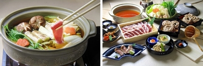 【単品】近大おいし鴨 蕎麦すき鍋（左）、【コース】近大おいし鴨 蕎麦すき鍋（右）