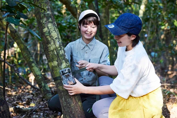 獣道に向けてセンサーカメラをガイド立ち合いのもと設置