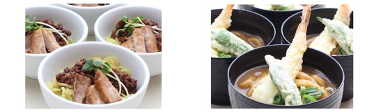 (左)5月 豚角煮と汁なし担々麺 (右)6月 海老天入りカレーうどん