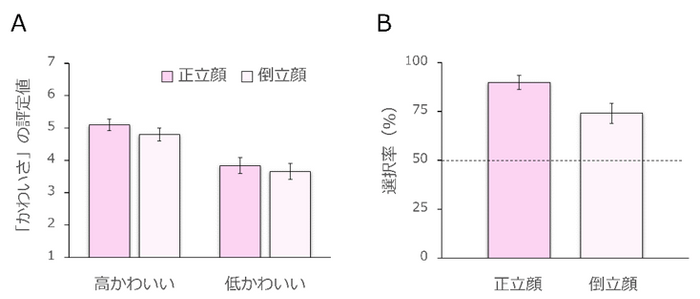 A. 赤ちゃん顔に対する「かわいさ」の評定値は、通常の向き(正立顔)でも、上下逆さ(倒立顔)でも差がなかった。　B. 2つの顔からよりかわいい高い顔を選択する割合は、顔の向きによらず、偶然よりも高かった。しかし、倒立顔ではやや成績が下がった。エラーバーは95％信頼区間を示す。