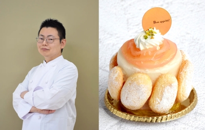 「お菓子のたいよう 本店」津田 研吾氏と「桃のシャルロット」