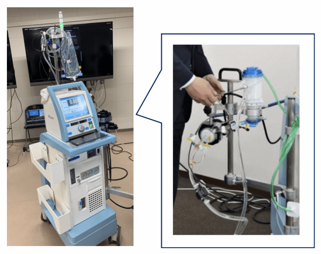 ▲ECMO。管から充填液で空気を排出するプライミング作業は数分で完了しなくてはならない。