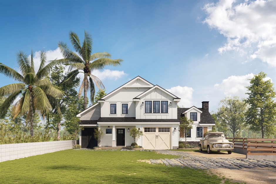 白壁と木目調の大きなガレージドアが特徴的な2階建てのアメリカンハウス。クラシックなピックアップトラックと調和した外観。※画像はイメージです。