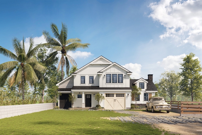 白壁と木目調の大きなガレージドアが特徴的な2階建てのアメリカンハウス。クラシックなピックアップトラックと調和した外観。※画像はイメージです。