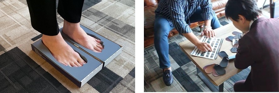 粘土のような足型取りに足を入れて採寸(左)/シューフィッターが丁寧にヒアリング