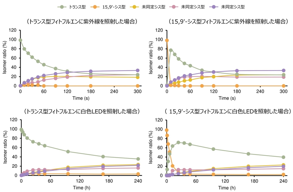 図4: 光照射(紫外線・白色LED)によるフィトフルエンの異性化挙動