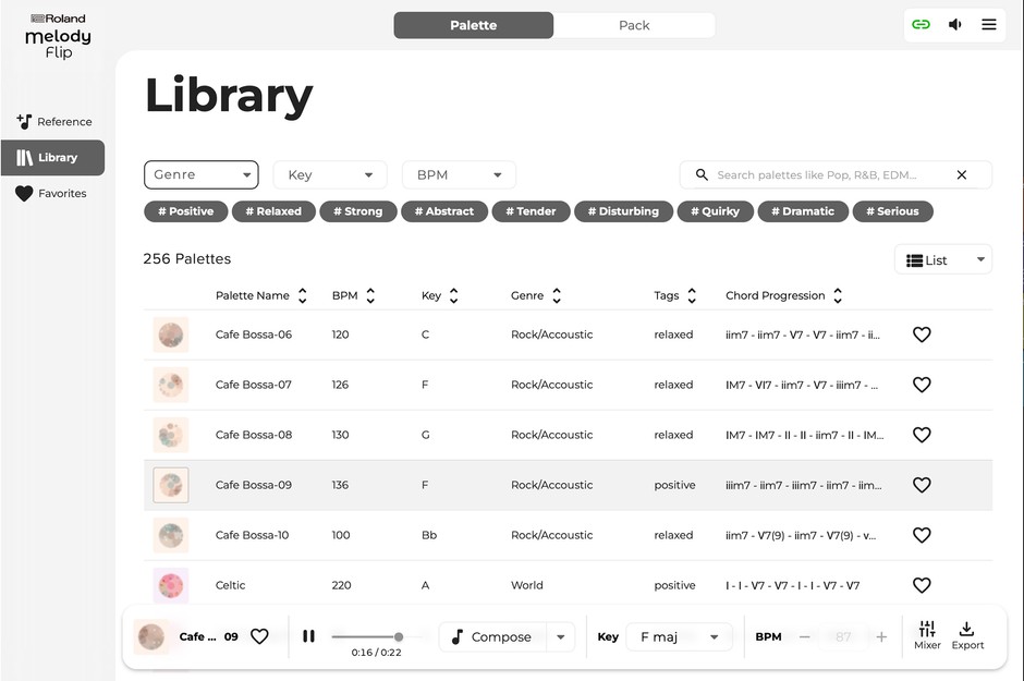 『Melody Flip』「Library」画面イメージ。約250種類の「Palette」を収録